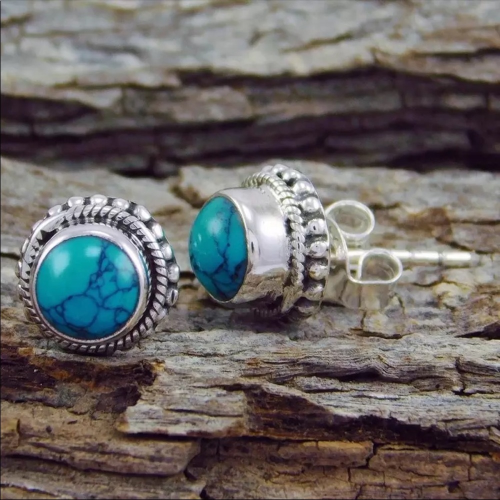 New Turquoise Gemstone Round Stud Dangle Earrings